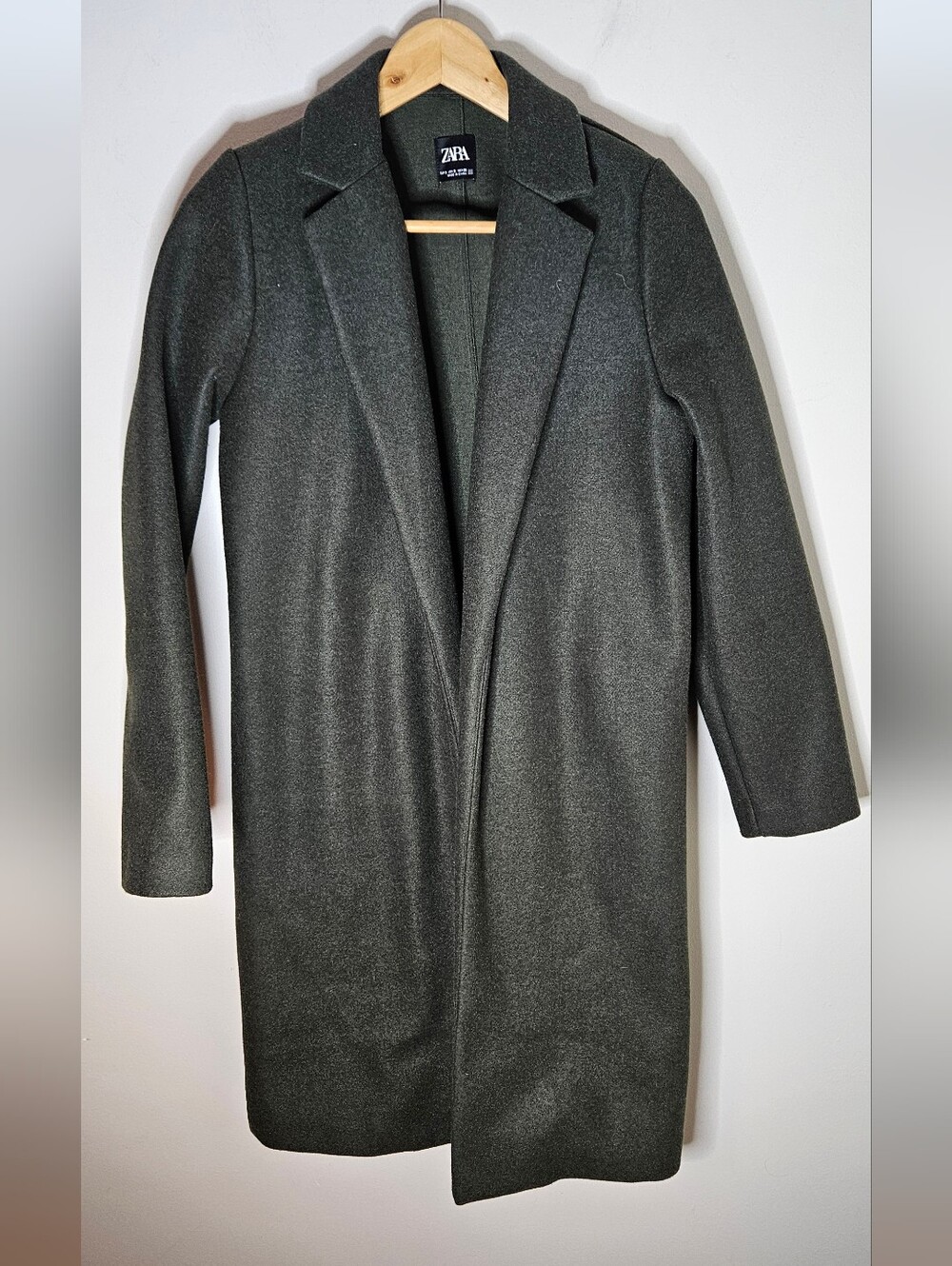 Zara Long Line Felt Texture Army Green Overcoat Coat Open Front Women's S
